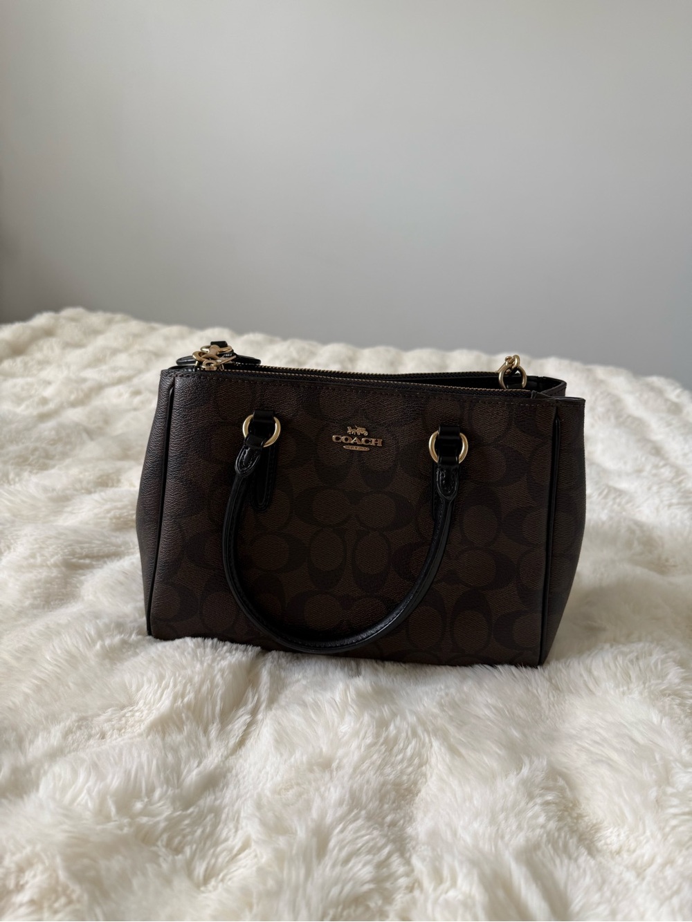 Coach Dark Brown Signature Mini Satchel with Black Trim